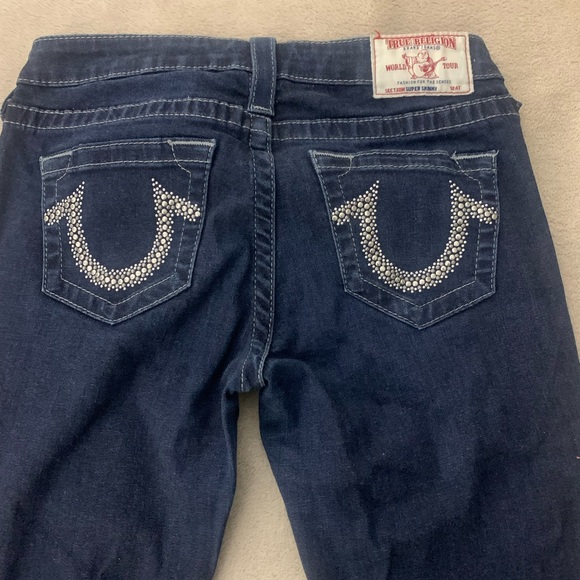 Vintage True Religion Dark Wash Denim Women Jean Rhinestone Super Skinny Size 27 - Picture 1 of 13